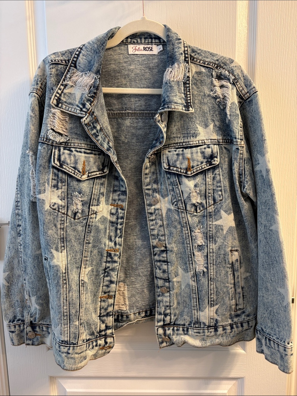 Julia Rose Distressed Star Print Light Blue Denim Jacket